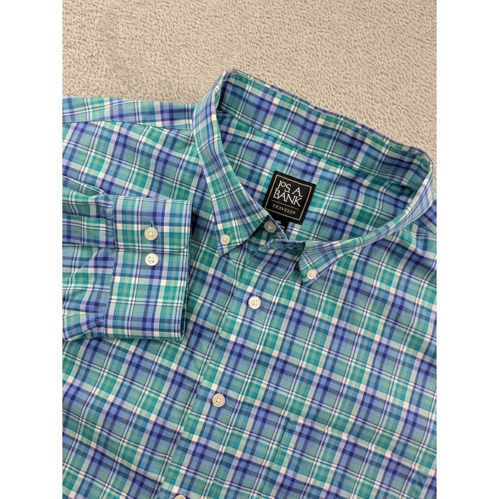 Jos. A. Bank Traveler Shirt Mens XXL Blue Green Plaid Cotton Button Down LS